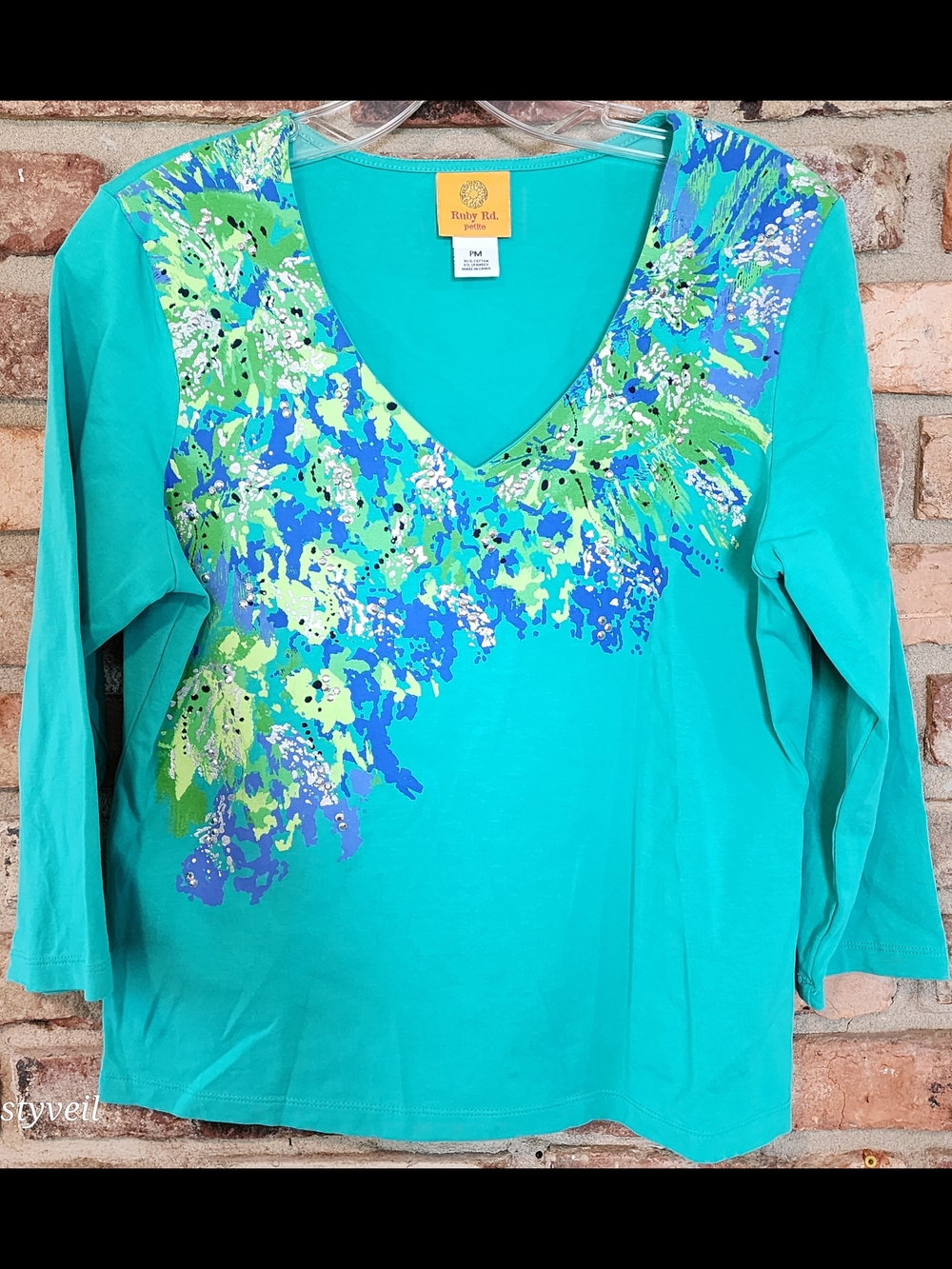 Ruby Rd. Turquoise PM V-Neck Top with Blue & Green Floral Print